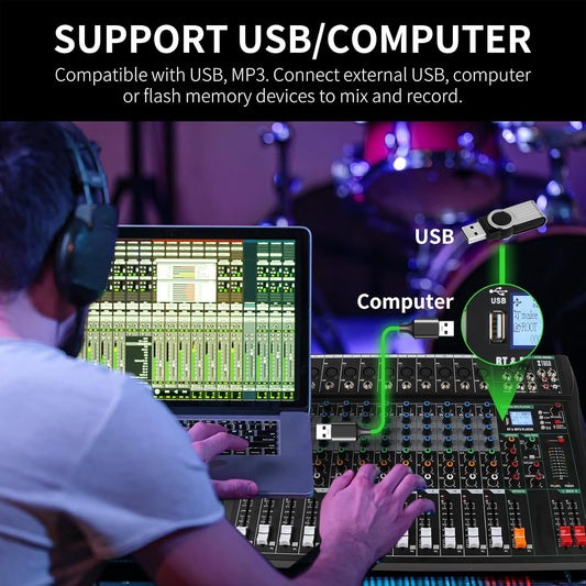 XTUGA 12 Channel Audio Mixer Sound Board Mixing Console, Audio Interface PC USB Bluetooth with 48V Phantom Digital Effect for DJ Live Recording Studio Karaoke(CT120)