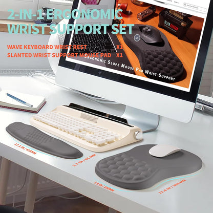 2-in-1 Ergonomic Set, Wave Rise Keyboard Wrist Rest and Massage Bulge Slope Mouse Pad Wrist Support, Cushion Memory Foam Integrated to Relieve Wrist Pain, Deep Gray