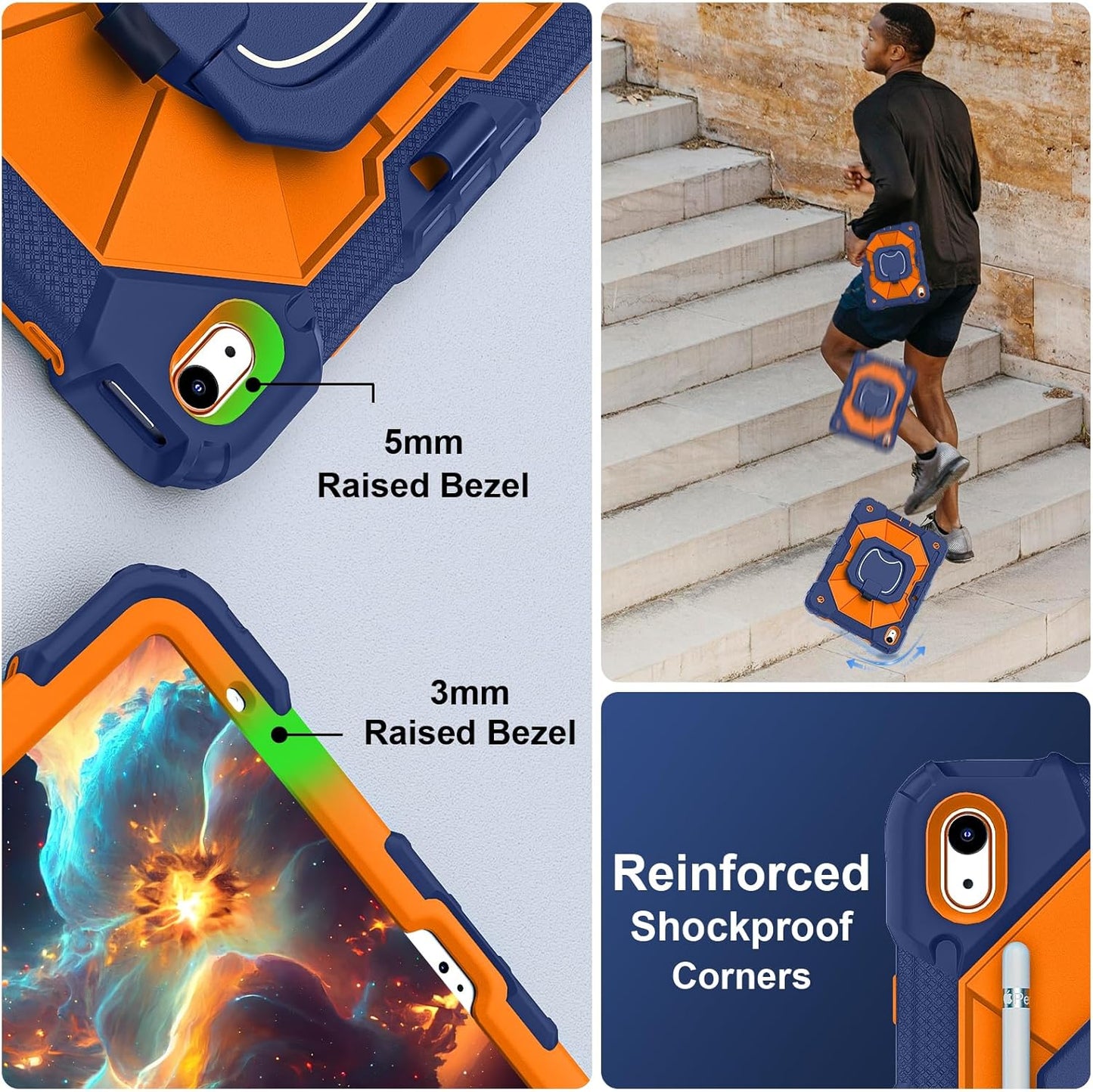 Case for iPad (A16) 11th Generation 11 Inch (2025) / iPad 10th Generation Case 10.9 Inch (2022) with 360° Rotating Stand Screen Protector Pen Holder Shoulder Strap, Navy Orange