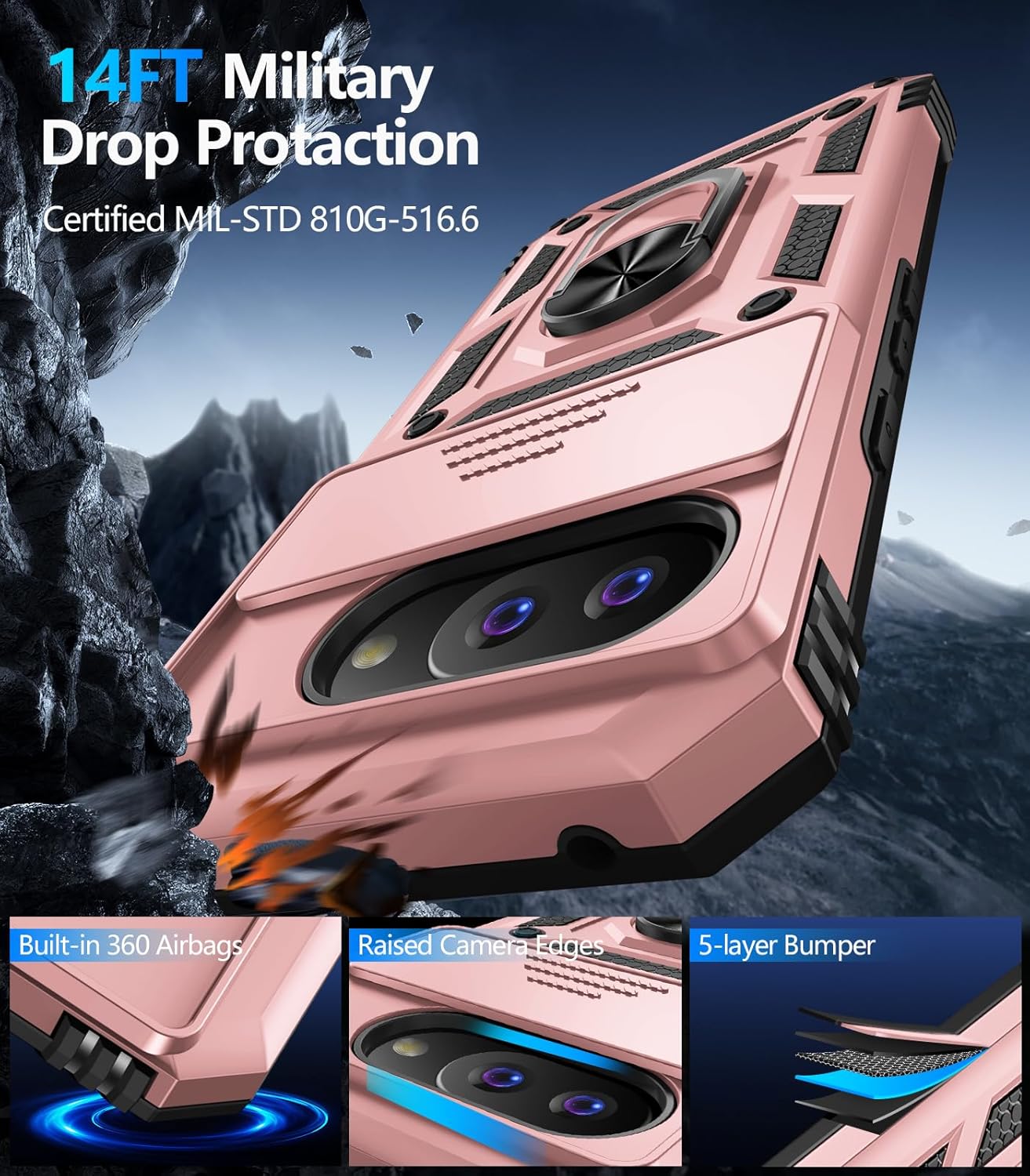 Taisairu for Google Pixel 9A Case with Screen Protector & Slide Camera Lens Cover, Built-in 360°Rotate Magnetic Ring Stand Shockproof Protective Phone Case for Google Pixel 9A Case (Rose Gold)