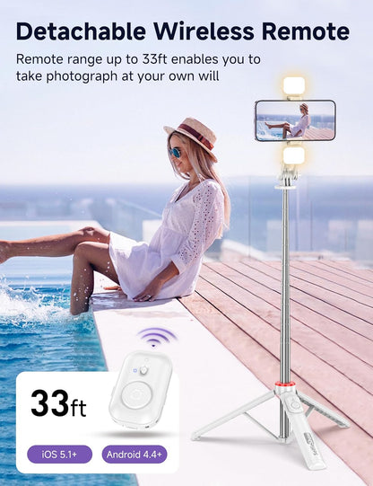 Selfie Stick Tripod with 2 Light, 3 Light Modes & 6 Brightness Levels Extendable Phone Tripod with Detachable Remote & Phone Holder, Portable Camera Tripod Compatible with iphone16 15 14 13/Android