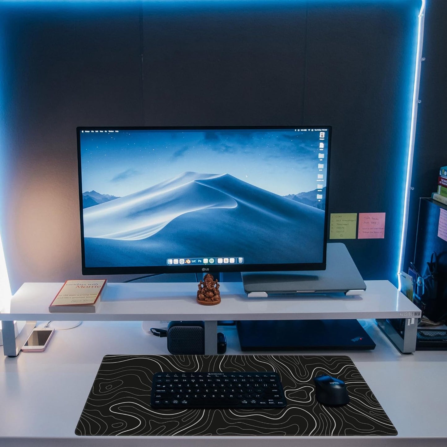 Desk Mat,Black Topographic Contour Map Desk Pad,Topographic Contour Large Gaming Mouse Pad for Desk,Extended Big Computer Keyboard Mouse Pad with Non-Slip Base and Stitched Edge,31.5"x11.8"