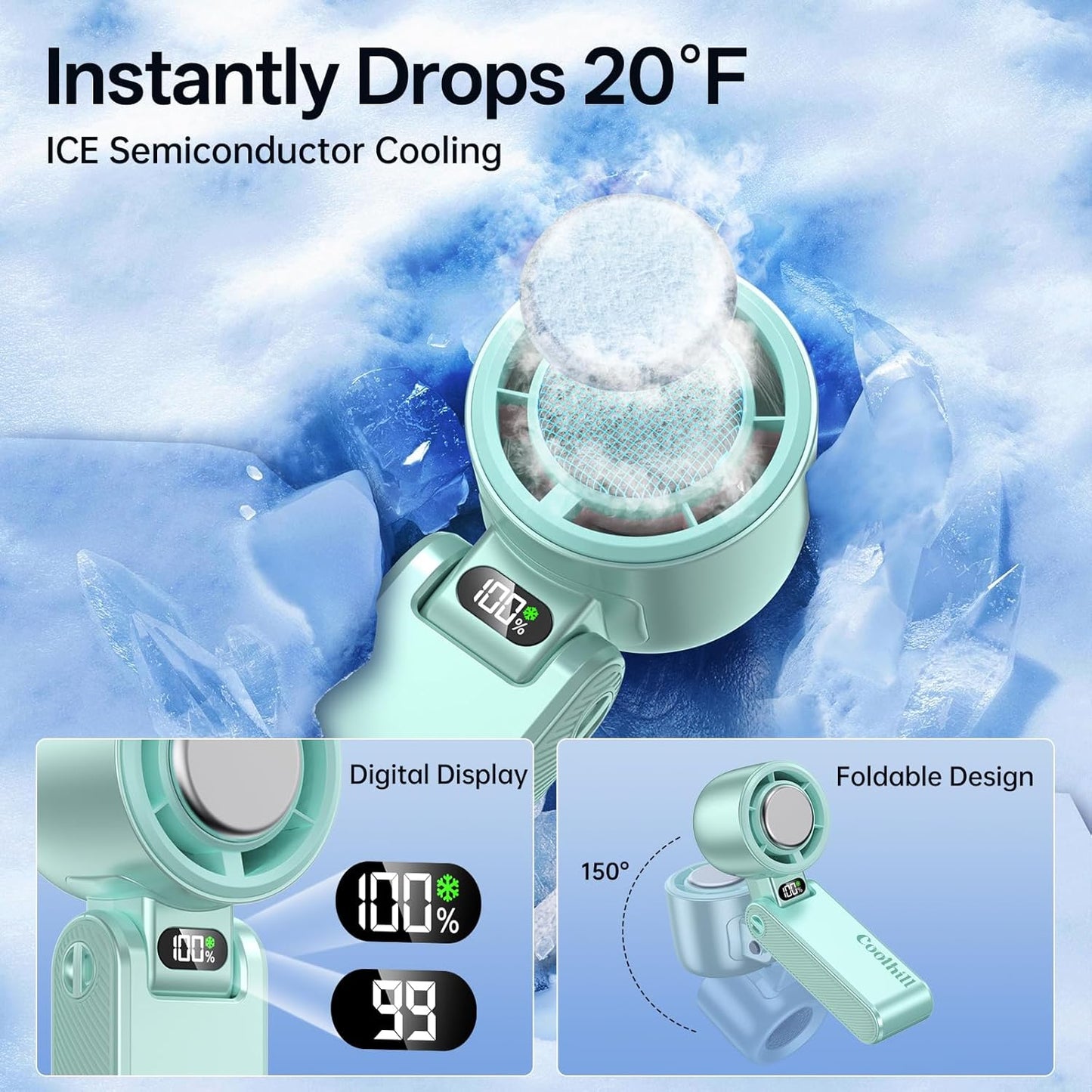 Handheld Portable Fan with Ice Cooler: 100-Speed 5500mAh Rechargeable Handheld Fan, 12H Time Hand Cooling Personal Fans with 20000 RPM Air Turbo Tech for Travel Outdoor (Green)