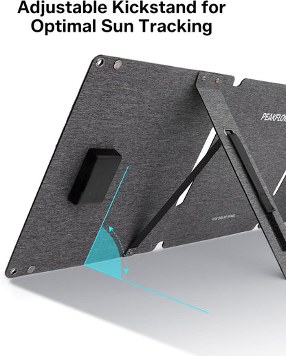 PEAKFLOW 65W Solar Panel,Foldable Portable Solar Panel,25.4% High-Efficiency, 45W PD USB-C Port,QC3.0 USB-A Port,DC5521 Output, Folding IP 68 Waterproof Solar Panels with Carabiners for Camping