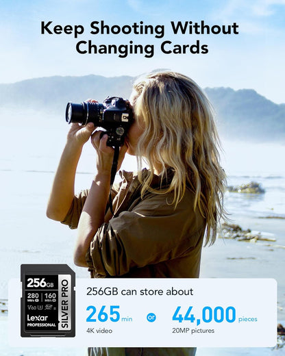 Lexar 256GB (2-PK) Professional SILVER PRO SD Card, UHS-II, C10, U3, V60, Full HD, 4K, Up To 280MB/s Read SDXC Memory Card, for Professional Photographer, Videographer, Enthusiast (LSDSIPR256G-B2NNU)