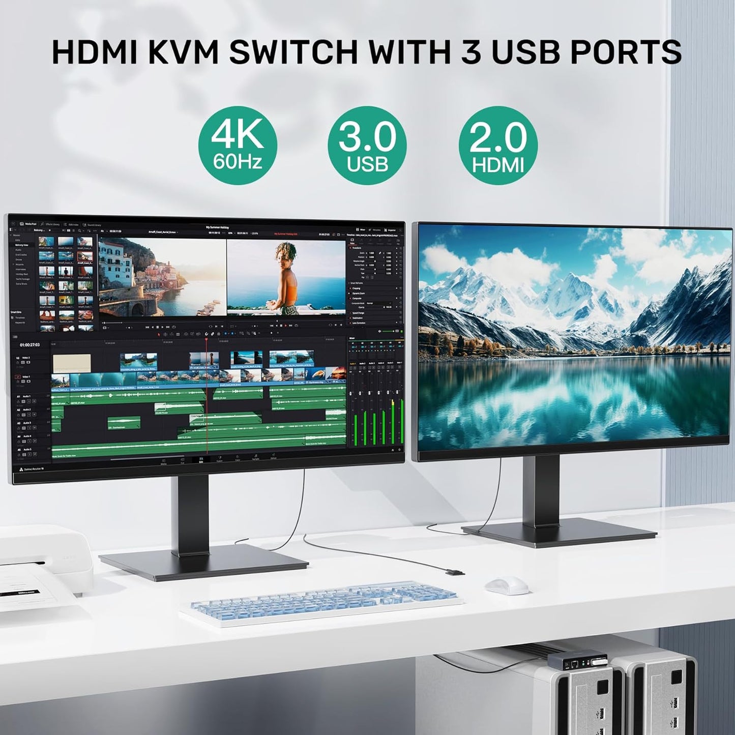 HDMI KVM Switch 2 Monitors 2 Computers, Dual Monitor KVM USB Switcher 4K@60Hz, HDMI Extended/Mirror Display for 2 PC Share 2 Monitors, with 3 USB 3.0 Port, Desktop Controller and 2 USB Cables