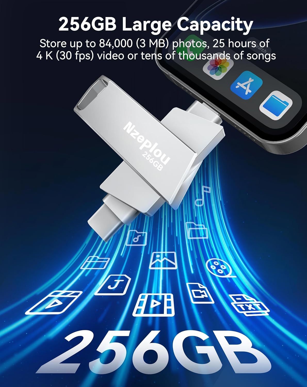 256GB Flash Drive for iPhone iPad, USB3.0 High-Speed Memory Stick No App Needed, Lightening & USB-C External Memory Storage for Photos Videos, Picture Backup Thumb Drive Plug & Play (Silver)