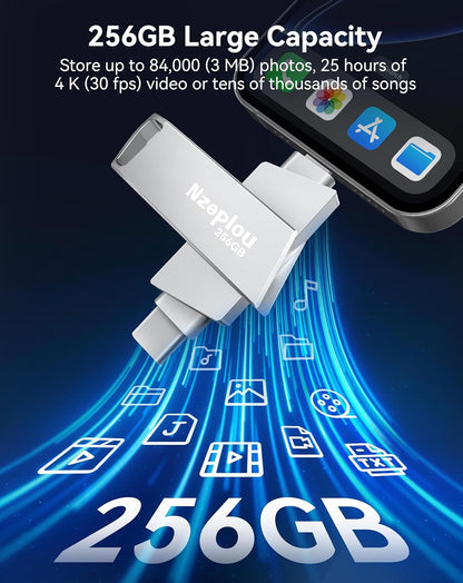 256GB Flash Drive for iPhone iPad, USB3.0 High-Speed Memory Stick No App Needed, Lightening & USB-C External Memory Storage for Photos Videos, Picture Backup Thumb Drive Plug & Play (Silver)