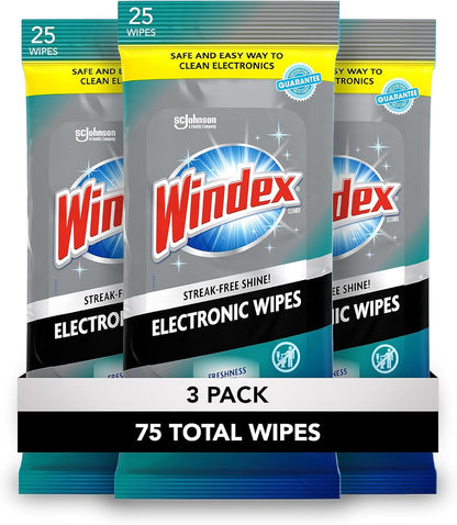 Windex Electronic Cleaning Wipes, Pre-Moistened Screen Wipes for TVs, Phones, and Other Electronics, Resealable for a Freshness Lock, 25 Count (Pack of 3)