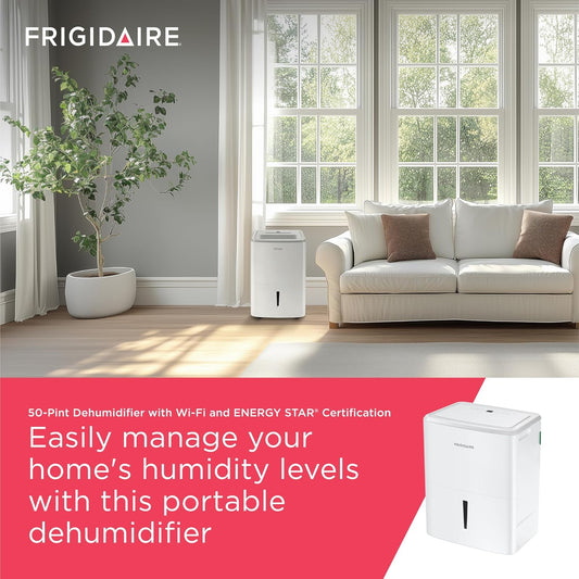 Frigidaire 50-Pint Portable Dehumidifier with Wi-Fi and Energy Star Certification for Medium/Large Rooms & Basements, Custom Humidity Control, Auto Shut Off, White