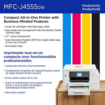 Brother INKvestment 4555 Wireless Color Inkjet All-in-One Printer with 2.7” Color Touchscreen and 2 Paper Trays | Includes Refresh Subscription Trial(1) (MFC-J4555DW)