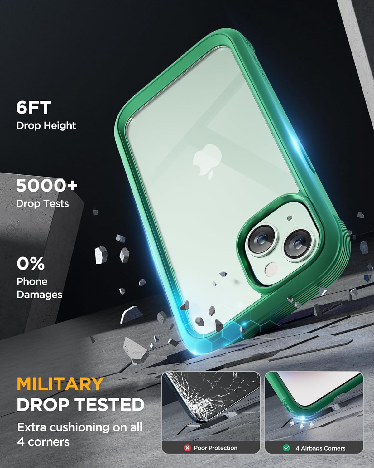 Miracase Glass Series Designed for iPhone 15 Plus Case 6.7',Full-Body Military Drop Proof 15 Plus Phone Case Cover with Built-in 9H Tempered Glass Screen Protector,Green