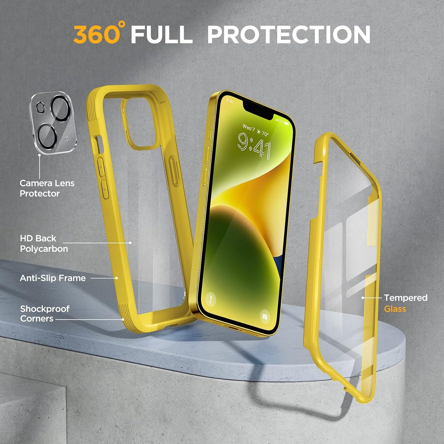 Miracase Glass Series for iPhone 14 Case 6.1 inch, [Built-in Tempered Glass Screen Protector] [Bubble Free] Full-Body Protective Bumper Phone Case with Camera Lens Protector, Lemon