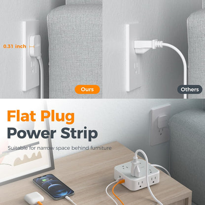 Surge Protector Power Strip, TESSAN 5 Ft Flat Plug Extension Cord with Multiple Outlets, 3 USB (1 USB C PD 20W), 8 Outlets, 900J Surge Protection, for Home, Office, Dorm Room Essentials, 1250W