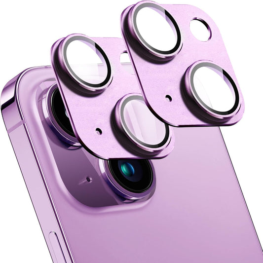2 Pack Camera Lens Protector for iPhone 14 / iPhone 14 Plus,[Not Easy to Breakn ] AR Tempered Glass Strong Adsorption Metal Camera Cover Screen-purple