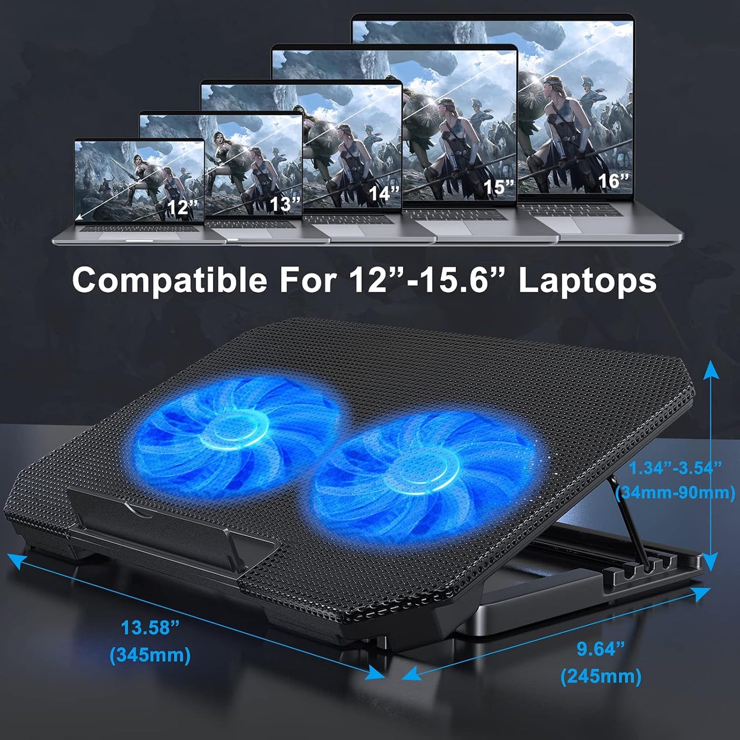 LIENS Laptop Cooling Pad with Adjustable Height Two 5.1 Inches Fan 2 USB Ports Suitable for 12"-15.6" Laptops（Black）