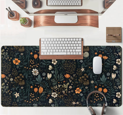 Cute Dark Floral Desk Mat Vintage Flowers Plant Mouse Pad XXL Large Extended Gaming Mousepad Women Office Decor Desk Pad, Big Laptop Computer Keyboard and Mouse Mat with Stitched Edges, 31.5x15.7 in
