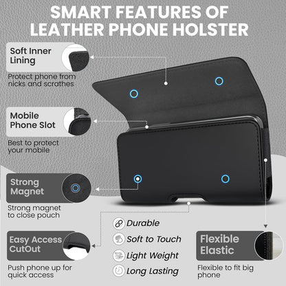 Leather Phone Holster for Men, Horizontal Cell Phone Case, Fits iPhone 17/17 Pro 16/16 Pro 16e 15/15 Pro 14/14 Pro 13/13 Pro 12/12 Pro 11 XR, Belt Clip Phone Pouch Holder, Black Medium.
