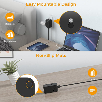 Flat Black Extension Cord, TESSAN Ultra Thin Power Strip with 3 USB Wall Charger (1 USB C), 3 Outlets Small Charging Station, 5 ft Slim Plug for Cruise Travel Office School Dorm Room Essentials