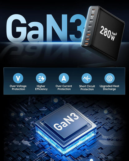 280W USB C Charger Block, 8-Port USB C Charging Station GaN III PD 65W Laptop Charger Adapter Compatible with MacBookPro/Air,DELL,iPad,Portable Charging Station for iPhone,Samsung Galaxy (Black)