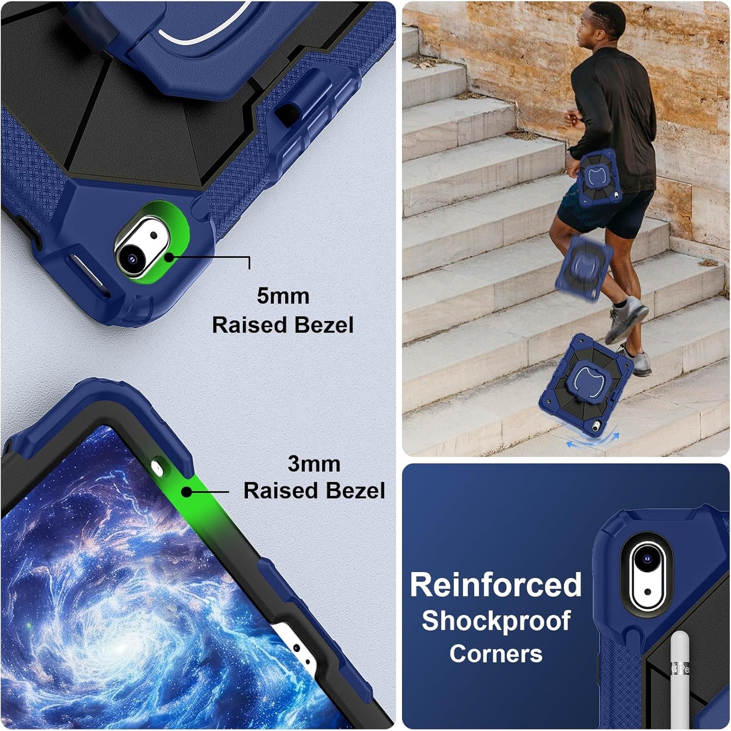 Case for iPad (A16) 11th Generation 11 Inch (2025) / iPad 10th Generation Case 10.9 Inch (2022) with 360° Rotating Stand Screen Protector Pen Holder Shoulder Strap, Navy Black