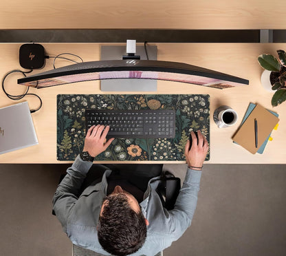 Dark Flower Desk Mat Floral Plants Mouse Pad, Aesthetic Wildflowers Large Gaming Mousepad Desk Pad, XXL Keyboard Mouse Mat Full Desktop Mat Women Office Desk Accessories Cover Mat 31.5"x15.75"