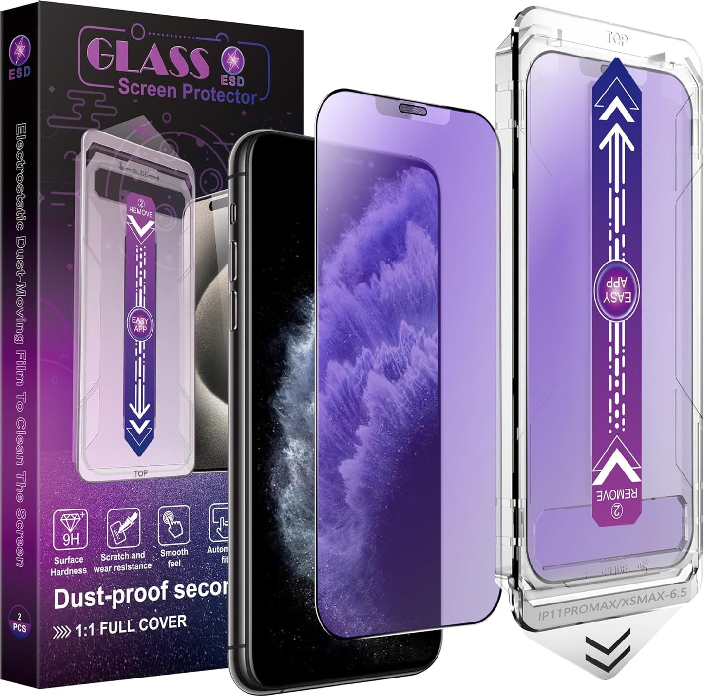 2 Pack Anti Blue Light Matte Screen Protector for iPhone 11 Pro Max/iPhone XS Max, 9H Tempered Glass, Full Coverage, Anti-Fingerprint, Auto Dust-Elimination, No Bubble, Easy Installation