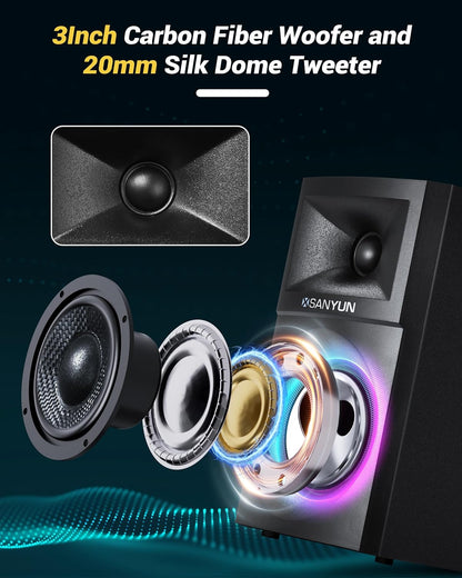 SW203 4.0 Computer Speakers - 60W 4-Way DSP Control 3D Immersive Sound - 3" Carbon Fiber Woofer & 20mm Silk Dome Tweeter - 24bit DAC USB/Bluetooth 5.4/AUX - Studio-Grade Audio (Pair, Black)