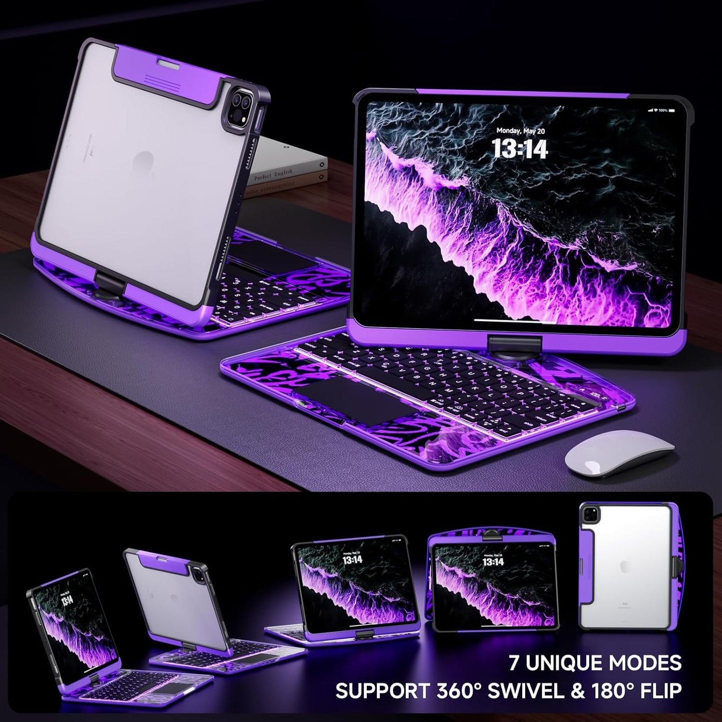 Transparent Case with Keyboard for iPad 11th Gen 11 Inch.(A16, 2025) & 2022 iPad 10th Gen 10.9 Inch,7-Color Backlit,Wireless Keyboard, 360°Rotating,with trackpad,Pencil Holder,with Shortcuts,Purple