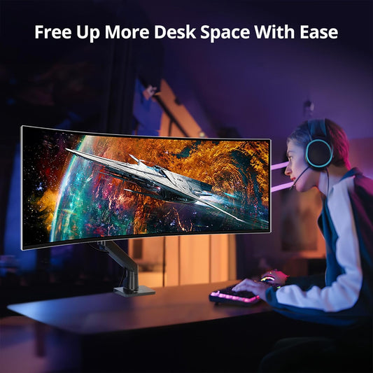 AVLT Single Monitor Arm Desk Mount for 34 to 57 in Screens – Fits One 44 lb Heavy Duty Monitor – Full Motion Height, Swivel, Tilt, Rotation – VESA 200x200, 200x100, 100x100, 75x75 – Black