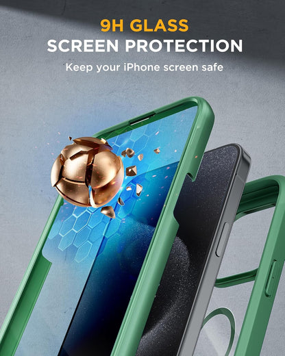 Miracase Magnetic for iPhone 15 Pro Case [Compatible with MagSafe] Full-Body Bumper Phone case with Built-in Glass Screen Protector& Camera Protector, Military Drop Proof 15 Pro Cover, Magnetic Green