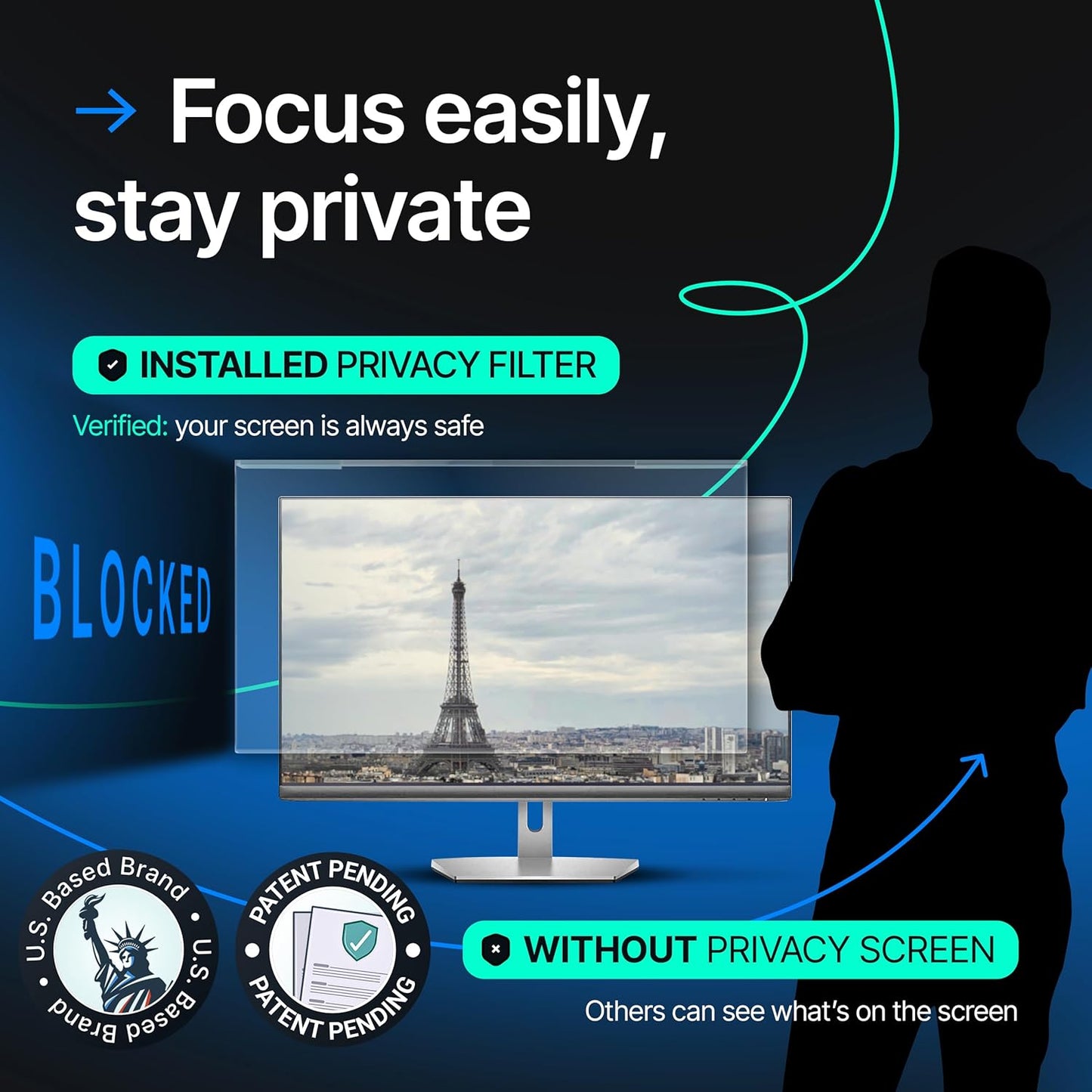 Acrylic 22 Inch Computer Privacy Screen Filter for Widescreen Computer Monitors - 19.3" x 12.5" (490 x 317mm) - Monitor Frame Hanging Type