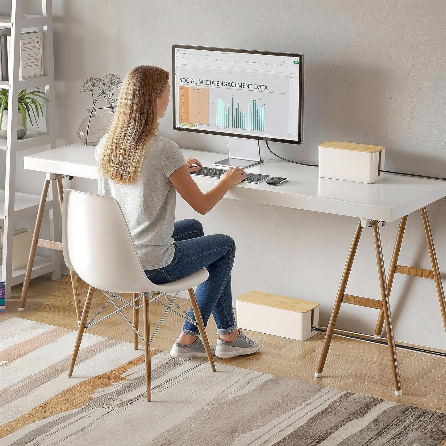 DELAMU 2 Pack Cable Management Box, Safe ABS Wood Grain Desk Medium and Small Cord Organizer, Baby Pet Proof Lock Cord Box Hider for USB Hub TV Wires Computer Desks and Power Strips