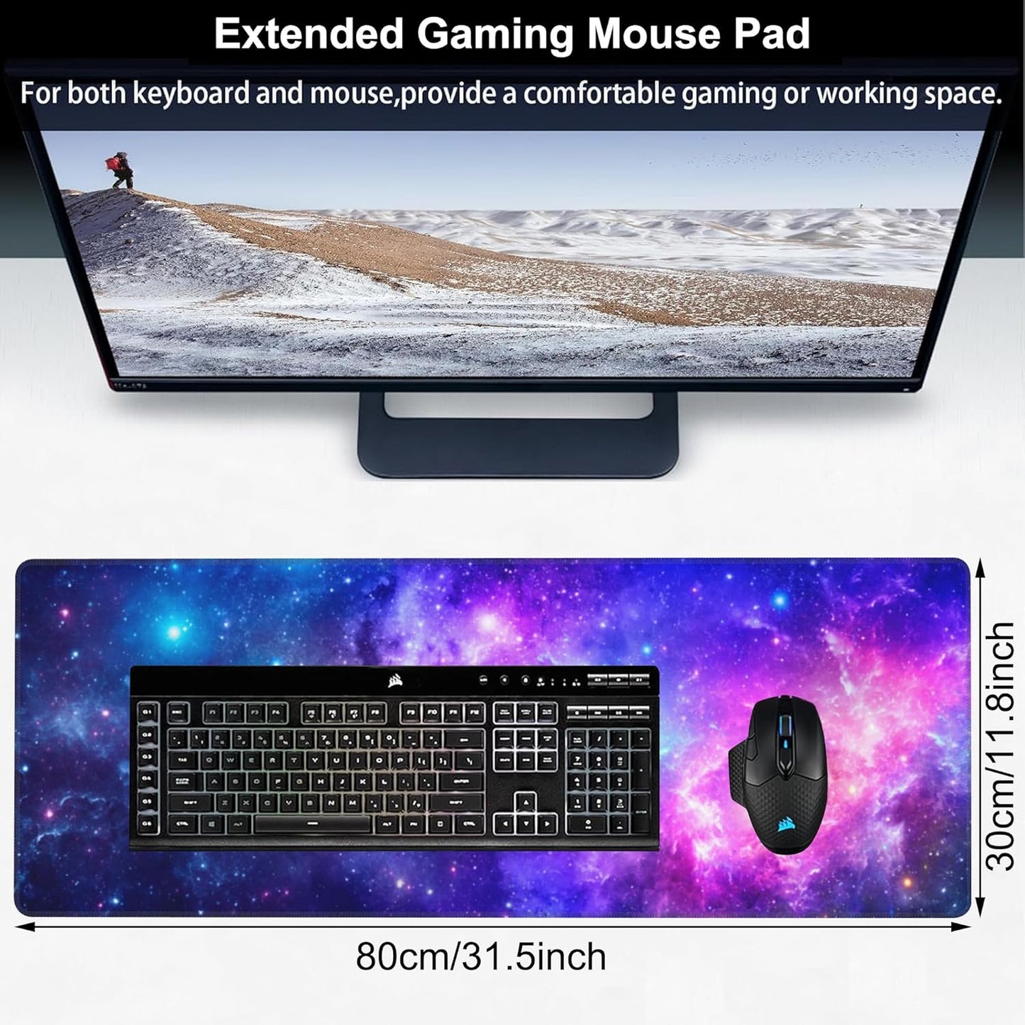 Deep Universe Space and Stars Desk Mat,Large Galaxy Space Gaming Keyboard Mouse Pad,Non-Slip Rubber Base Desk Pad Thick Stitched Edges Waterproof Mousepad Mouse Mat 31.5"x11.8"