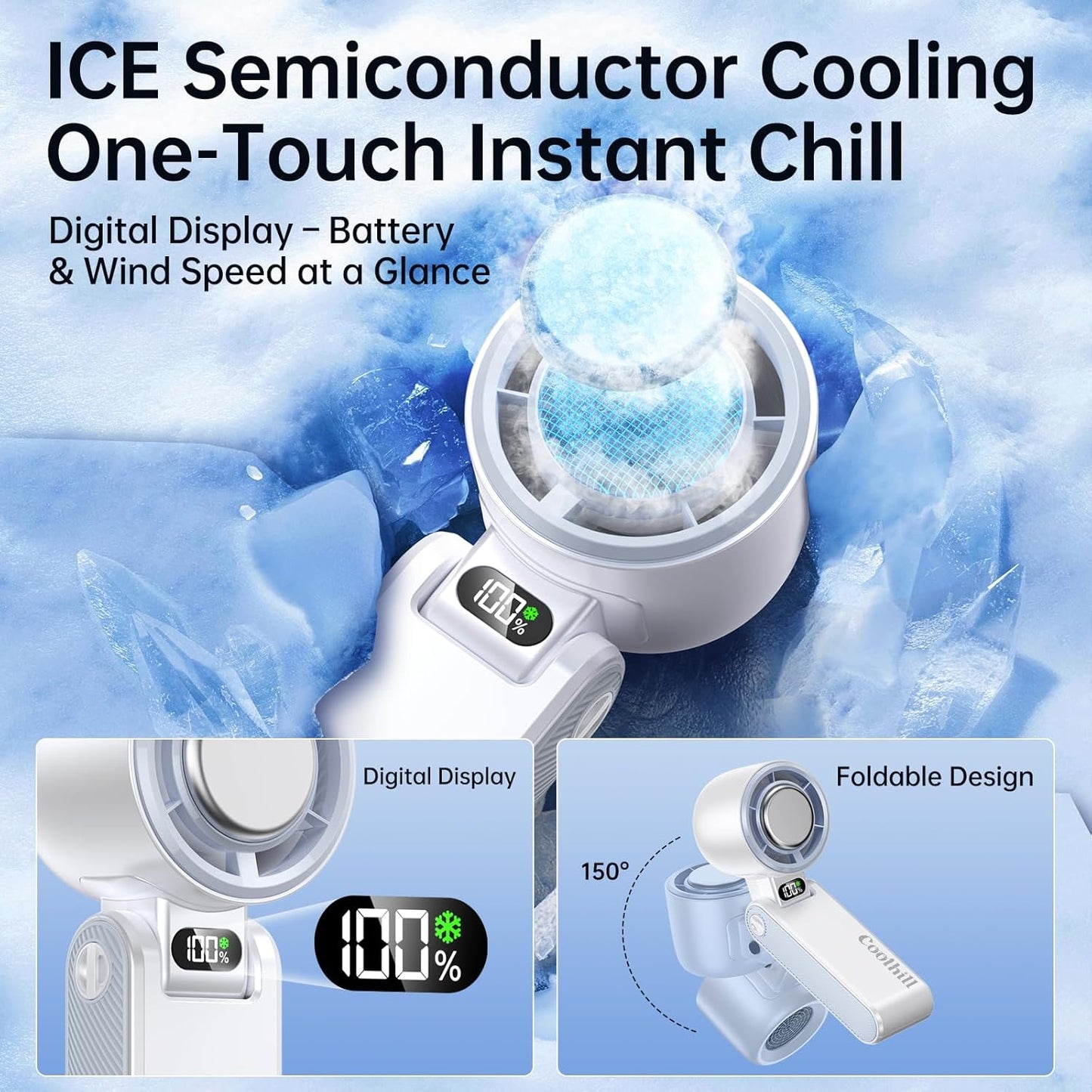 Handheld Portable Fan with Ice Cooler: 100-Speed 5500mAh Rechargeable Handheld Fan, 12H Time Hand Cooling Personal Fans with 20000 RPM Air Turbo Tech for Travel Outdoor (White)