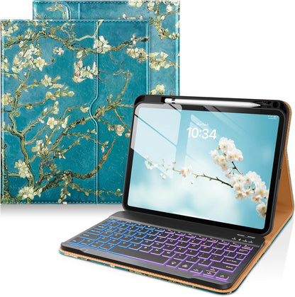 DTTO for iPad 11th (A16)/ 10th Generation Case with Keyboard (2025/2022), 7 Colors Backlit Wireless Detachable Keyboard Leather Folio Cover with Pencil Holder & Pocket, Blossom