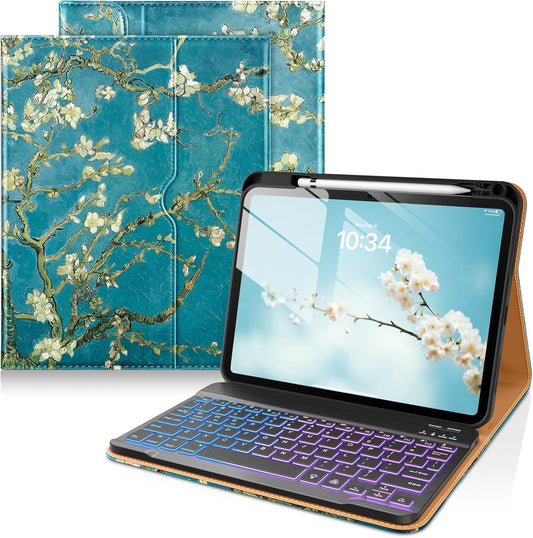 DTTO for iPad 11th (A16)/ 10th Generation Case with Keyboard (2025/2022), 7 Colors Backlit Wireless Detachable Keyboard Leather Folio Cover with Pencil Holder & Pocket, Blossom
