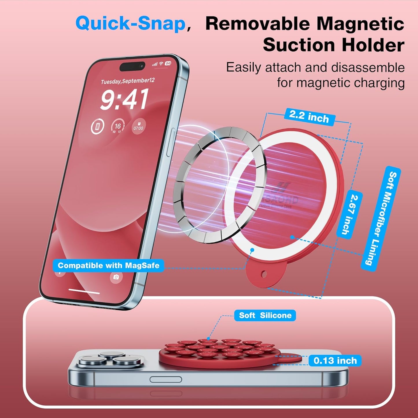 Magnetic Suction Cup Phone Mount for MagSafe Case, Silicone Hands-Free Grip Holder for iPhone and Android, Mirror Shower Phone Stand for Makeup FaceTime Gym Kitchen Bathroom, Deep Red