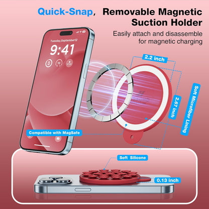 Magnetic Suction Cup Phone Mount for MagSafe Case, Silicone Hands-Free Grip Holder for iPhone and Android, Mirror Shower Phone Stand for Makeup FaceTime Gym Kitchen Bathroom, Deep Red