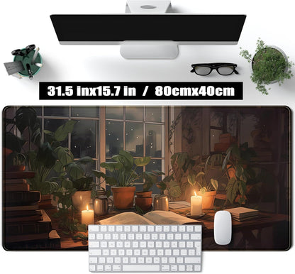 Cute Book Lover Desk Mat Dark Academia Mouse pad XXL Large Extended Mousepad Gaming Desk Pad with Stitched Edges, Cozy Lofi Deskmat Laptop Computer Keyboard and Mouse Mat Decor Pad, 31.5x15.7 in