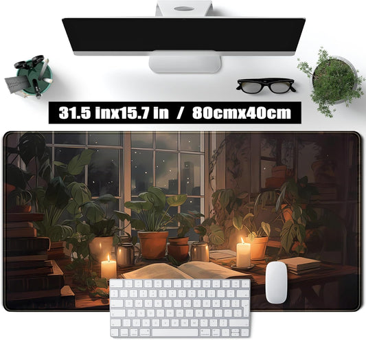Cute Book Lover Desk Mat Dark Academia Mouse pad XXL Large Extended Mousepad Gaming Desk Pad with Stitched Edges, Cozy Lofi Deskmat Laptop Computer Keyboard and Mouse Mat Decor Pad, 31.5x15.7 in