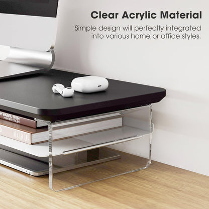 Fenge Acrylic Monitor Stand Riser, 23.6 Inches Monitor Stand with Metal Storage, 2 Tier Acrylic Computer Riser for Desk, Clear Laptop Stand for PC, Laptop, Printer, TV