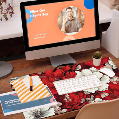 Desk Pad, Red and White Flowers Desk Mat, Retro Red Floral Large Gaming Mouse Pad, 31.5"x15.7" Extended Big Computer Keyboard Mouse Pad with Non-Slip Base and Stitched Edge