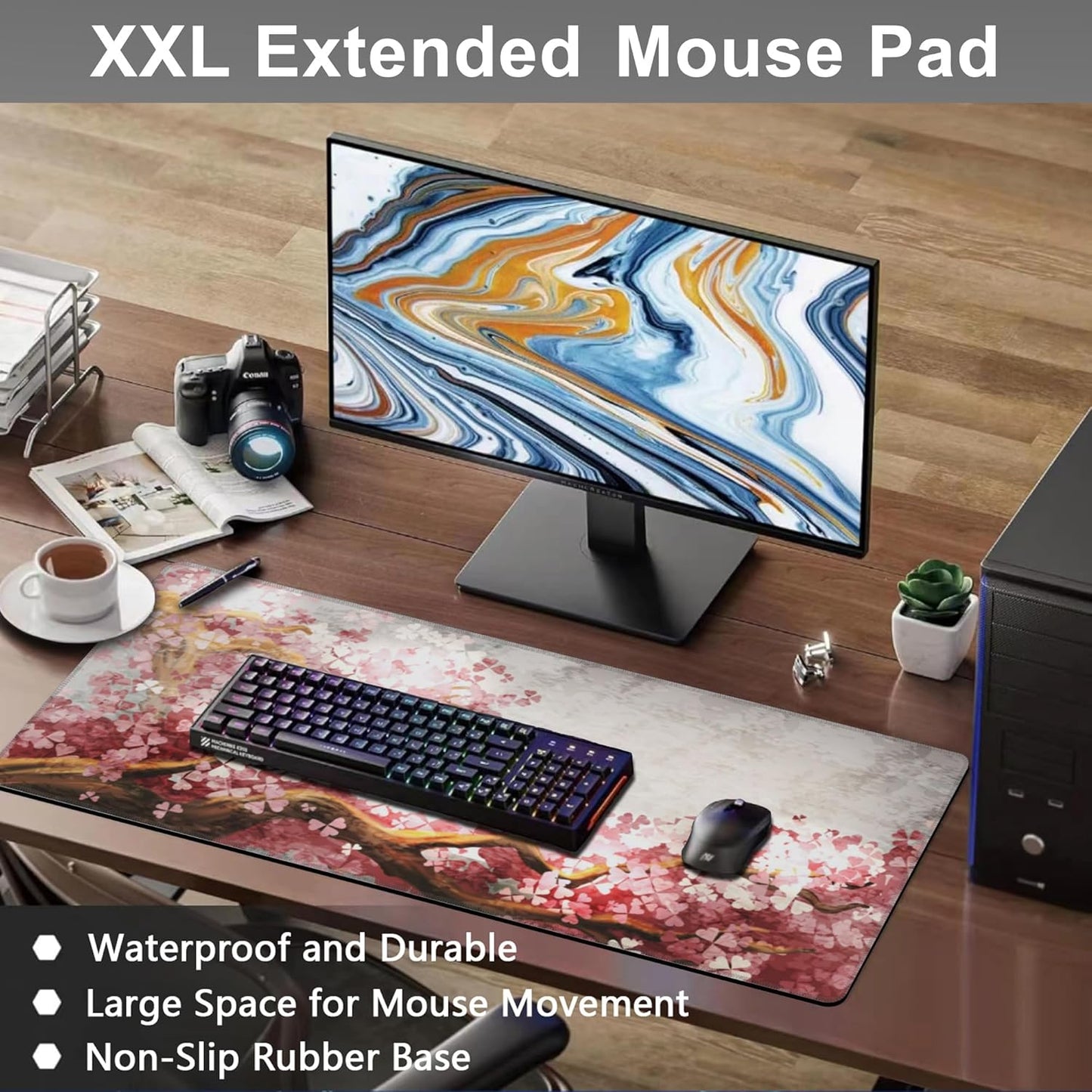 Mouse Pad, Large Blooming Sakura Desk Mat, Extended Non-Slip Gaming Keyboard Mousepad Desk Pad, Thick Stitched Edges Waterproof Mouse Mat 31.5"x15.7" (Cherry Branch)