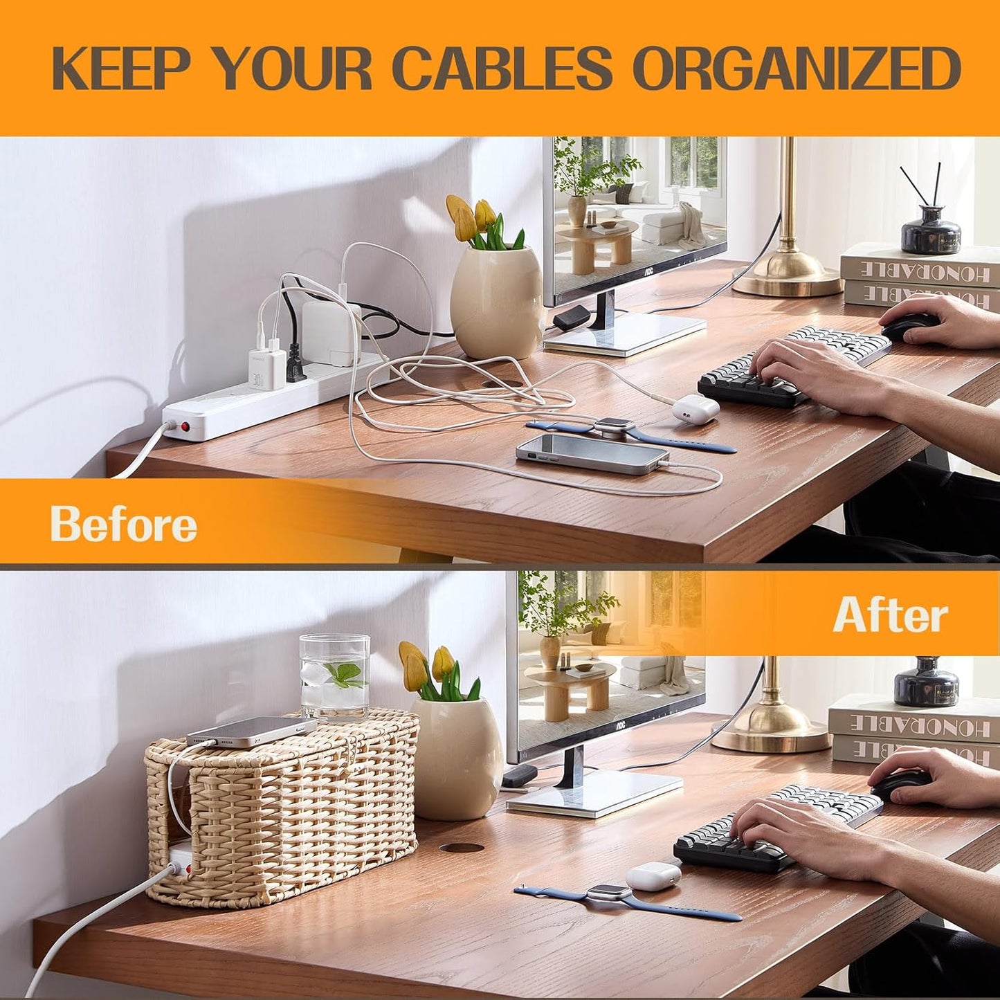 FairyHaus Cable Management Box 2Pack Cream, Handwoven Large and Small Cable Organizer Box Cover to Hide Cords and Power Strip, Imitation Wicker Cord Organizer Box Hider for Office Desk and Floor