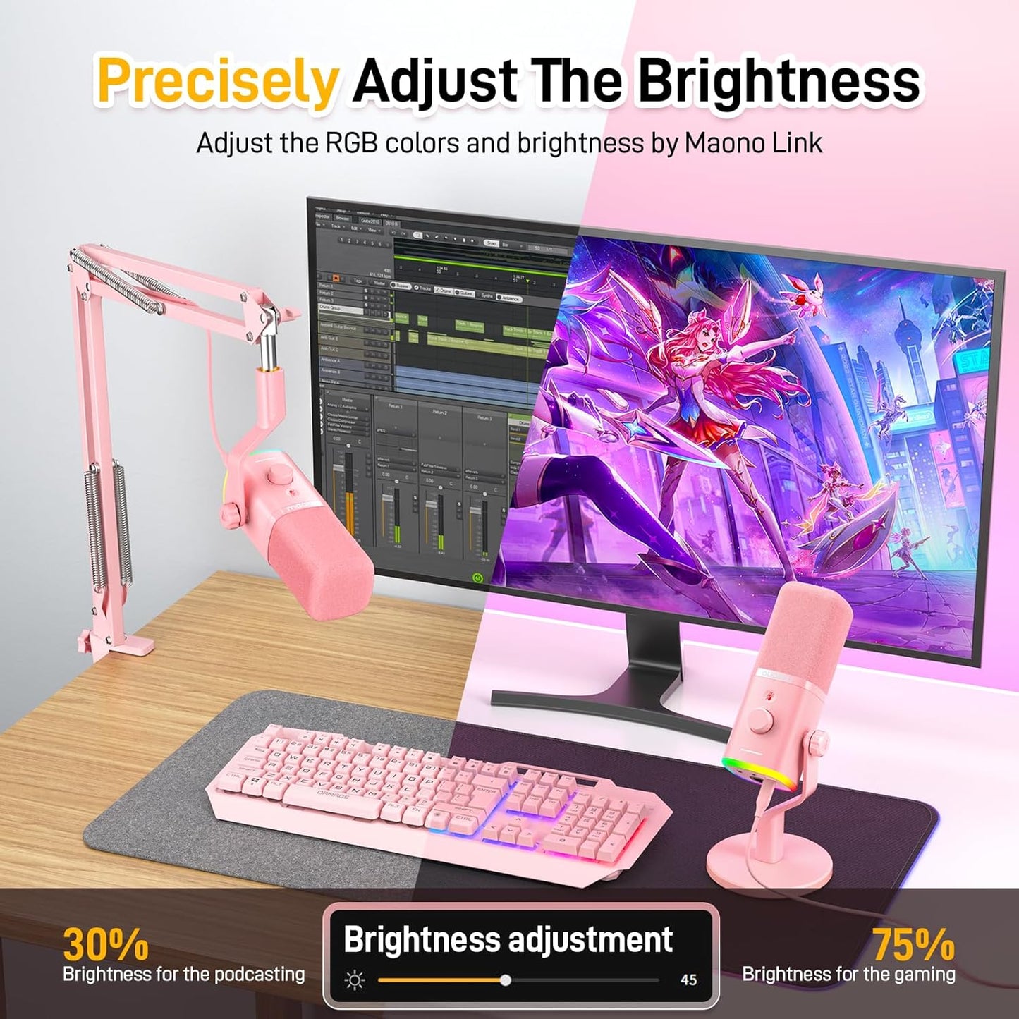 MAONO XLR/USB Gaming Microphone Kit: Dynamic PC Mic for Streaming Podcasting, Software Support, Mute Button, Gain Control, RGB Computer Mic with Boom Arm Stand, for Recording, PS4/PS5, PD100XS Pink