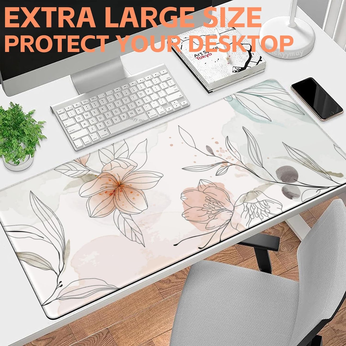 Mouse Pad Large Flowers Watercolor Texture Non-Slip Gaming Desk Mat with Stitched Edge Laptop Keyboard Desk Pad for Work Home Gaming (35.4 x 15.7 Inches)
