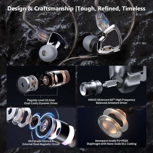 MS2 PRO in-Ear Monitor, 10.2mm Dual-Magnetic Drivers 1DD+1BA Hybird IEMs Wired Earbuds, Zinc Alloy Integrated Molding, Pneumatic Filters for Audiophile Musicians, Detachable 3.5mm OFC Cable