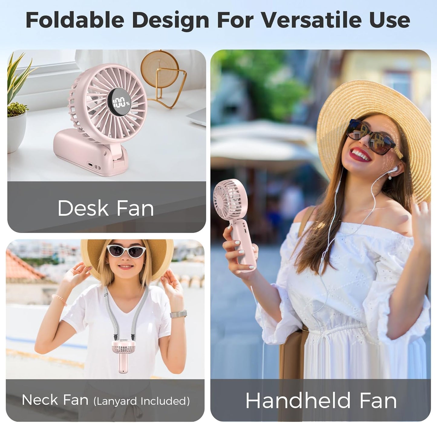 Portable Handheld Fan, 5000mAh Rechargeable Battery, Max 15H Cooling, 4 Speeds, LED Display, Foldable Design, 3-IN-1 Personal Pocket Fan with lanyard for Travel Outdoors Makeup Concert Commute