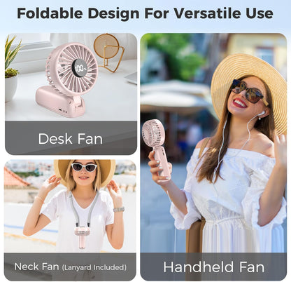 Portable Handheld Fan, 5000mAh Rechargeable Battery, Max 15H Cooling, 4 Speeds, LED Display, Foldable Design, 3-IN-1 Personal Pocket Fan with lanyard for Travel Outdoors Makeup Concert Commute
